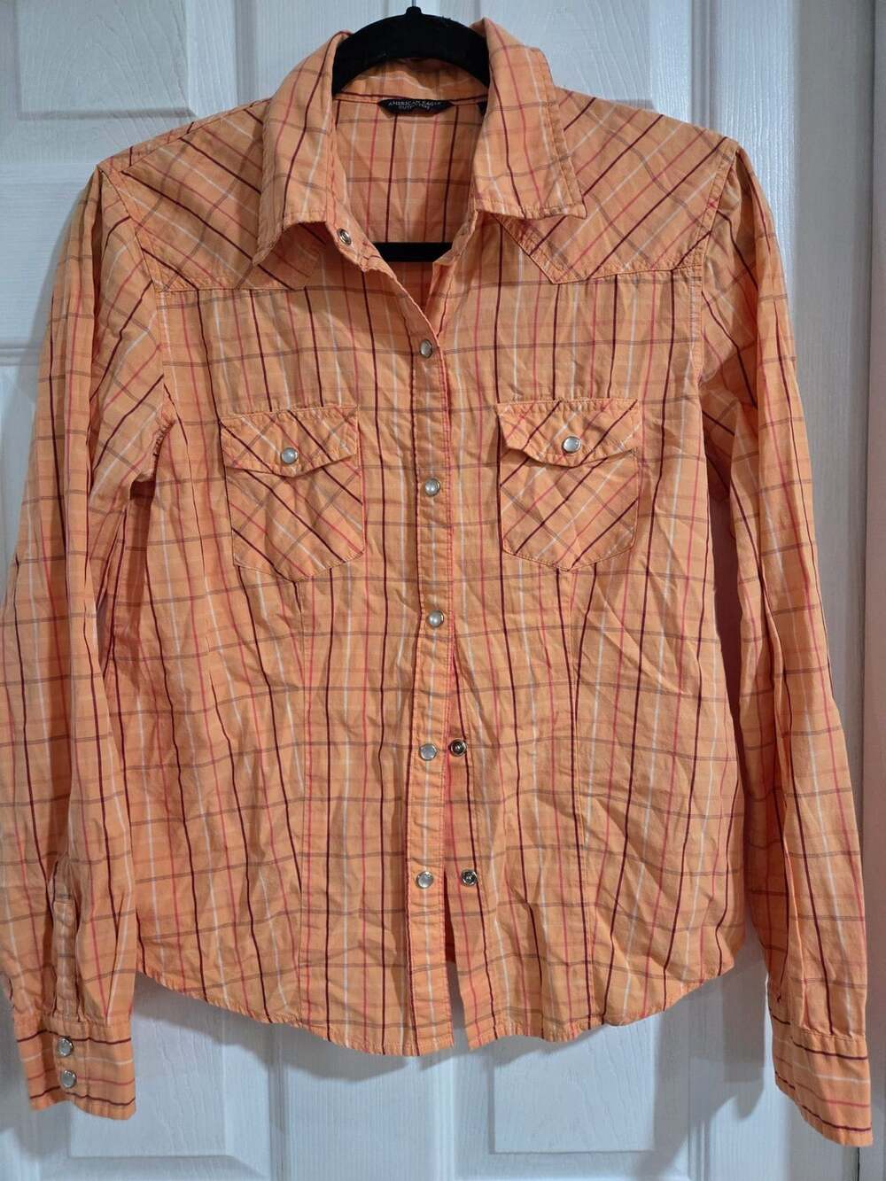 American Eagle Outfitters Western Snap Plaid Shirt Orange